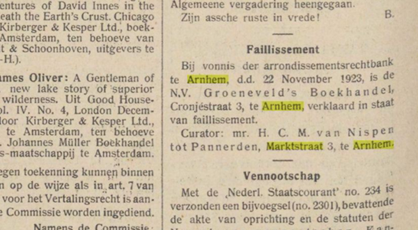 Curator mr. H.C.M. van Nispen tot Pannerden op de Marktstraat 3, te Arnhem.