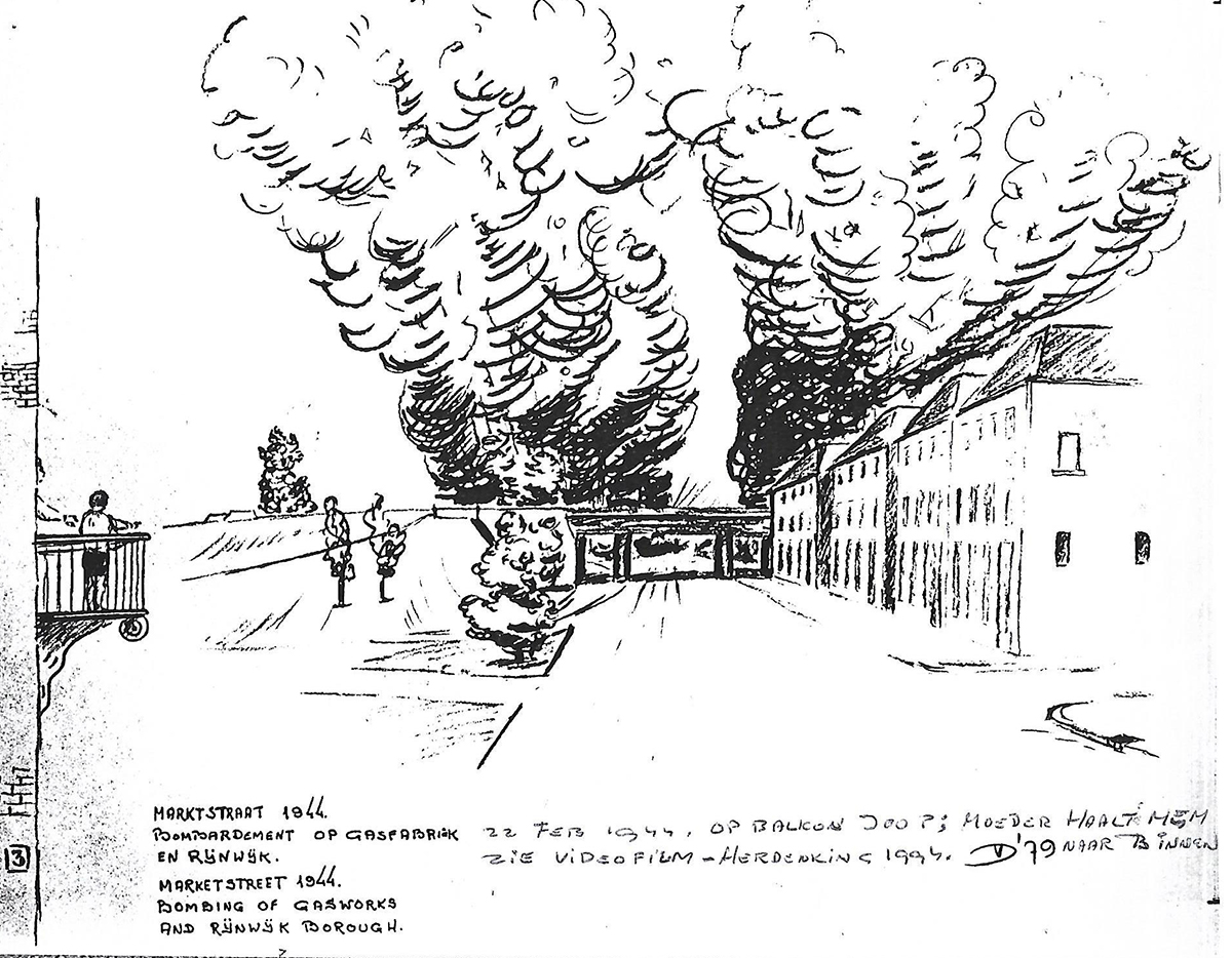 Bombardement op gasfabriek en Rijnwijk. 22 feb 1944. Op balkon Joop, moeder haalt hem naar binnen